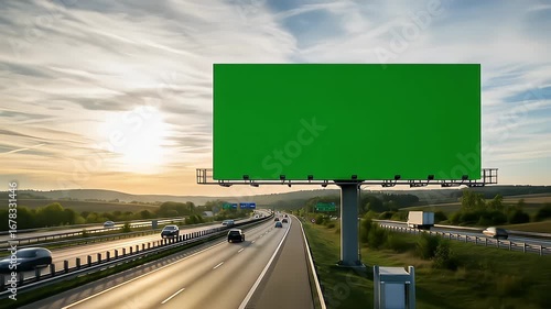 wide blank green billboard or large advertising display. Chroma key, time lapse, green screen, template, mock up and copy space concept