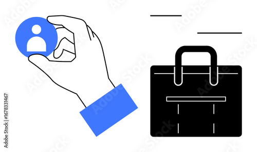 Hand holding a blue circle with a profile icon, positioned beside a black briefcase. Ideal for recruitment, career growth, job search, HR management, employment, workforce, simple flat metaphor