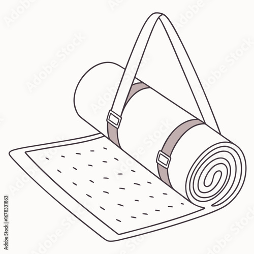 Rolled up yoga mat with a strap partially unrolled on a textured surface