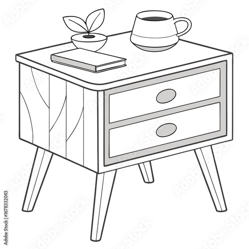 Simple line art illustration of a mid century modern nightstand with a book and coffee cup