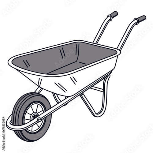 Simple line drawing of a gray wheelbarrow with a single wheel and two handles on a white background