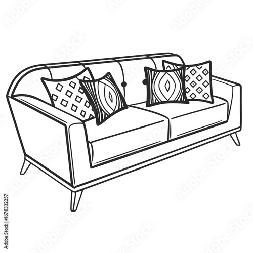 Stylish modern sofa with decorative patterned throw pillows in a clean line art drawing