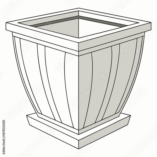 Stylized line art illustration of a square shaped decorative garden planter with a wide rim and fluted sides