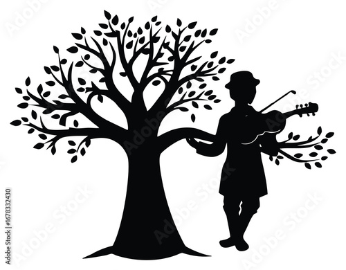 Silhouette of Musician Playing Violin Beside a Tree Artistic Illustration Vector