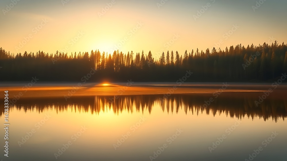 Fototapeta premium Serene forest scene mirrored in a calm lake, bathed in golden sunlight for a peaceful natural moment.