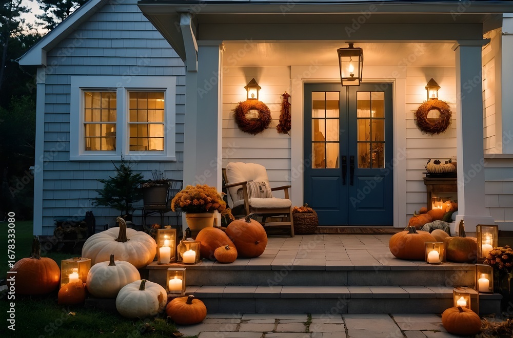 Obraz premium Cozy Autumn Farmhouse Porch with Pumpkins, Lantern, and Wreath at Golden Hour