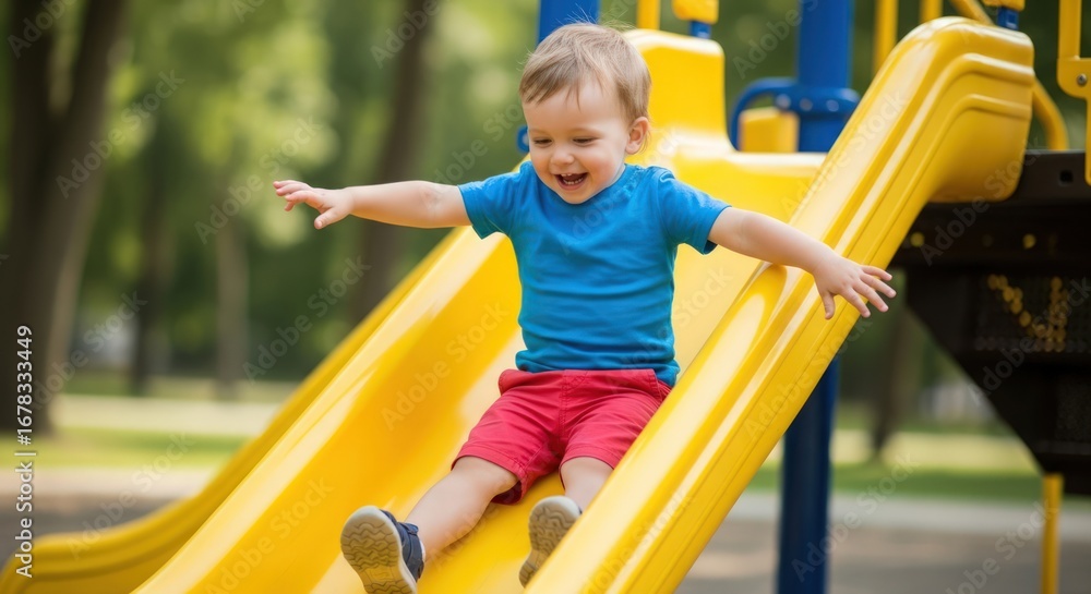 Fototapeta premium Excited Toddler Having Fun on a Yellow Playground Slide on a Sunny Day