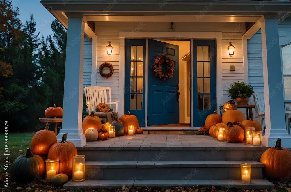 Obraz premium Cozy Autumn Farmhouse Porch with Pumpkins, Lantern, and Wreath at Golden Hour