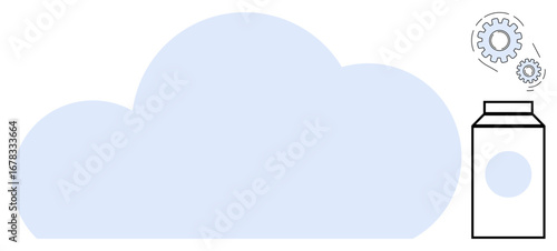 Blue cloud with milk carton featuring minimal gears above, representing innovation, data storage, and process automation. Ideal for technology, sustainability, innovation, workflow, ideas