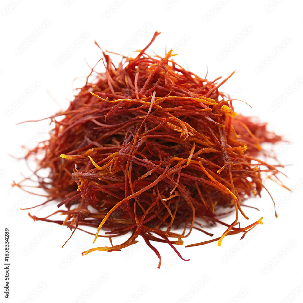 Naklejka premium A pile of dried red saffron threads, a precious spice known for its vibrant color and distinct flavor, isolated on a transparent background