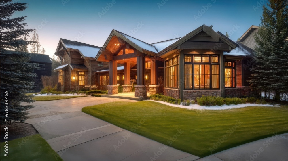 Naklejka premium A large two-story house at twilight with a wooden porch, stone and wood exterior, illuminated windows, snow on the roof,