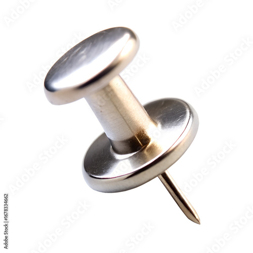 A closeup studio shot of a silver thumbtack or pushpin with a flat head and a sharp metal point, isolated on a pure transparent background