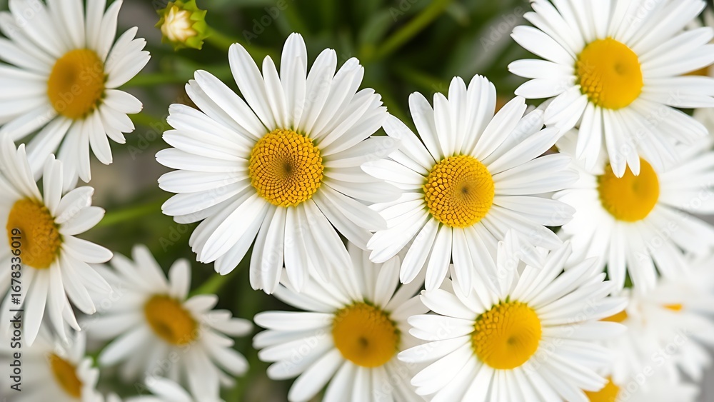 Obraz premium Cluster of fresh daisies with white petals and yellow centers in soft directional light.