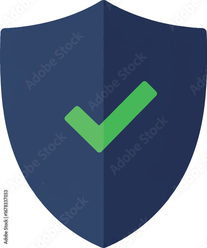 Blue shield emblem with a green checkmark  ideal for verification, security, protection, approval logos, websites, or digital applications.