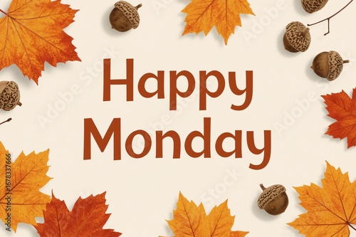 Autumnal Happy Monday greeting; leaves, acorns; social media post
