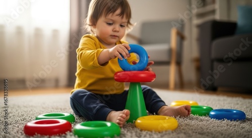 Adorable Baby Boy Playing with Colorful Ring Stacker Toy on Carpet at Home