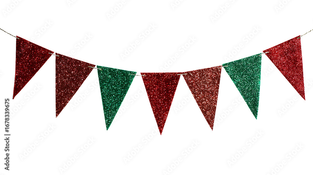 Obraz premium Red and green glitter bunting isolated on transparent background