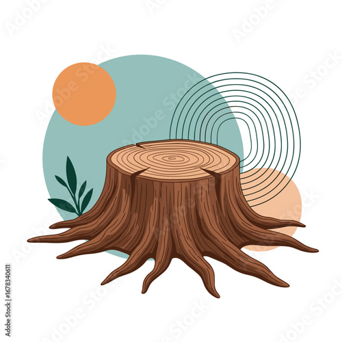 Abstract natural art featuring a detailed wooden tree stump surrounded by organic shapes and foliage