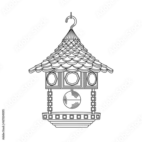 Decorative hanging bird feeder station with ornate roof and multiple feeding ports attracts backyard wildlife