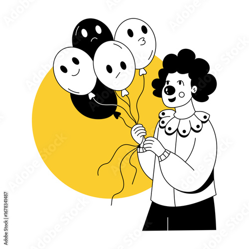 A drawing style illustration showing a clown holding balloons
