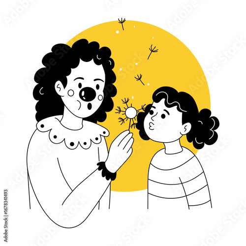 A hand drawn style illustration showing a clown blowing flower
