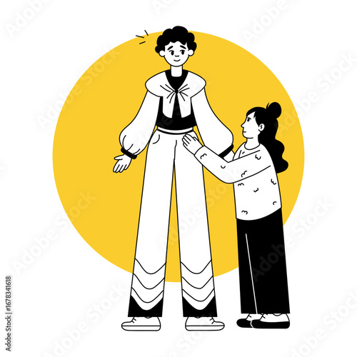 A drawing style illustration showing a stilt walker
