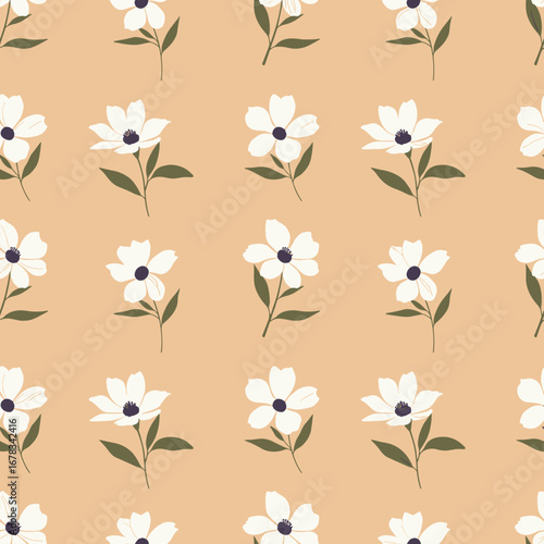 A beautiful pattern featuring delicate white flowers with dark centers on a warm peach background