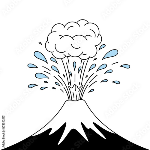 Explosive geyser erupting hot water steam and droplets from mountain summit surrounded by dark shadowy base