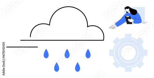Cloud with falling raindrops, cogwheel symbolizing operation, woman engaging with data on a tablet. Ideal for weather analytics, cloud computing, team collaboration, innovation, workflow