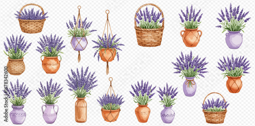 A beautiful watercolor collection of lavender flower bouquets in rustic pots, wicker baskets, and macrame hangers.
