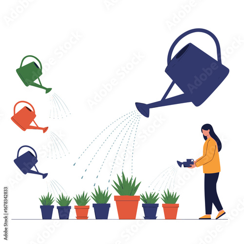 Gardening team watering plants with watering cans showing team efforts and growth concept