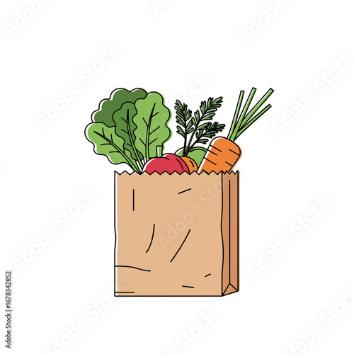 Healthy fresh vegetables and produce filled paper grocery bag illustration for healthy eating lifestyle and shopping