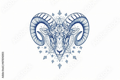 Blue Ram Mandala Design, Sacred Geometry, White Background, Tattoo Art