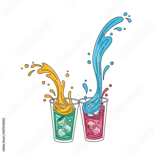Vibrant colorful liquid splashes excitingly out of two glasses showing refreshing beverages and fun