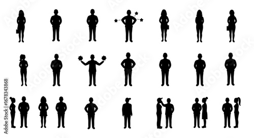 Diverse human silhouettes in various poses representing teamwork and individuality