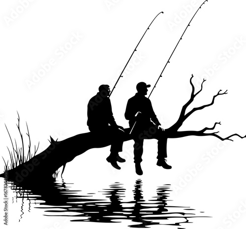 Two fisherman silhouette are sitting on the river branches on the river 