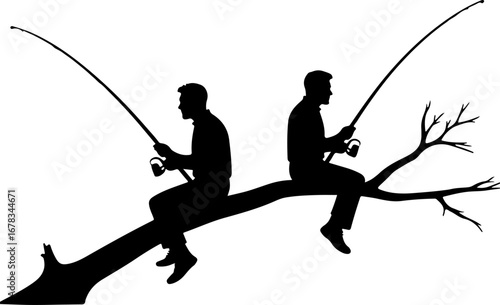 Two fisherman silhouette are sitting on the river branches on the river 