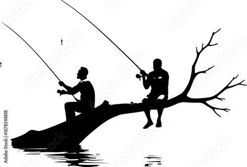Two fisherman silhouette are sitting on the river branches on the river 