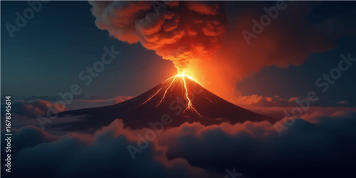Fiery volcanic clouds at sunset create a dramatic, colorful, and beautiful sky