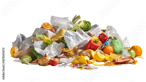 Heap of food waste and packaging isolated on transparent background