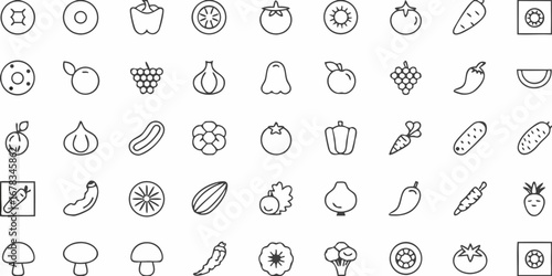 Collection of various fruits and vegetables presented as simple outline icons on a white background