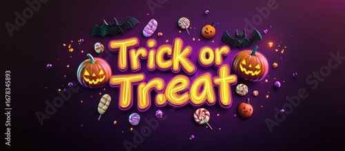 Spooky Halloween 'Trick or Treat' message surrounded by candy, pumpkins, and bats
