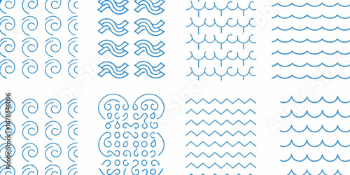 Collection of blue line art wave patterns and abstract water symbols on a white background