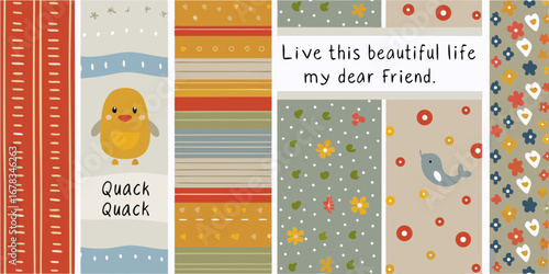 Fototapeta Charming illustration with a cute chick bird flowers and inspirational text for