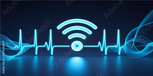 Blue music notes on a wavy background with a wireless internet connection symbol, perfect for a modern technology illustration