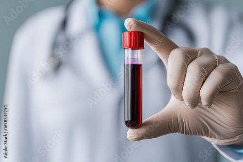 A gloved hand holds a blood tube filled with dark red liquid.  A person in a white lab coat is visible