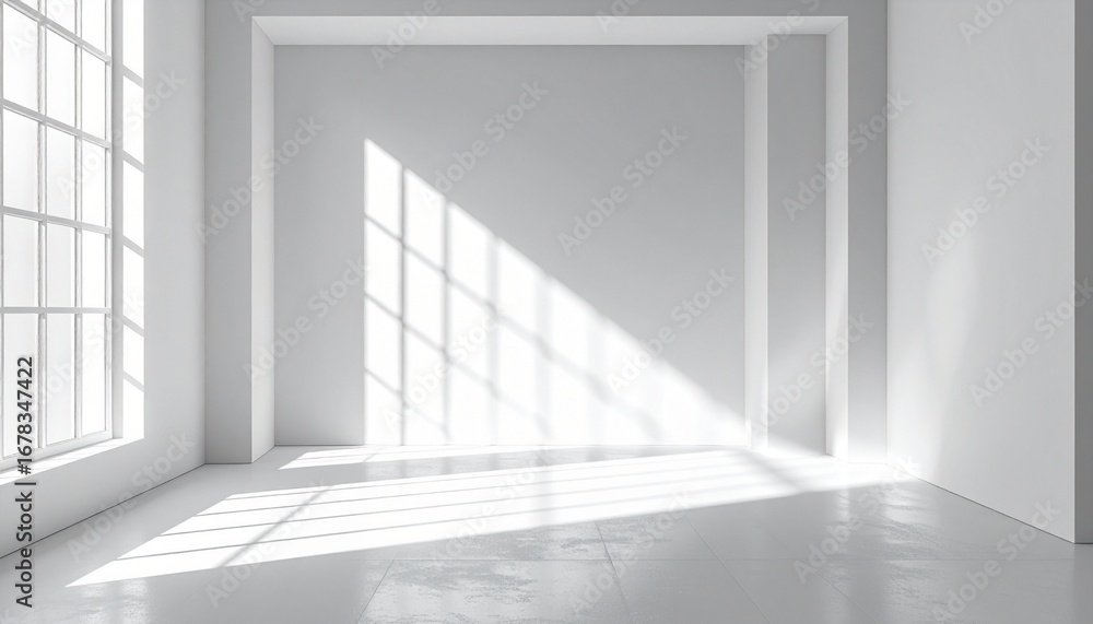 Fototapeta premium Minimalist white room bathed in natural sunlight, with sharp geometric shadows cast on the walls and floor