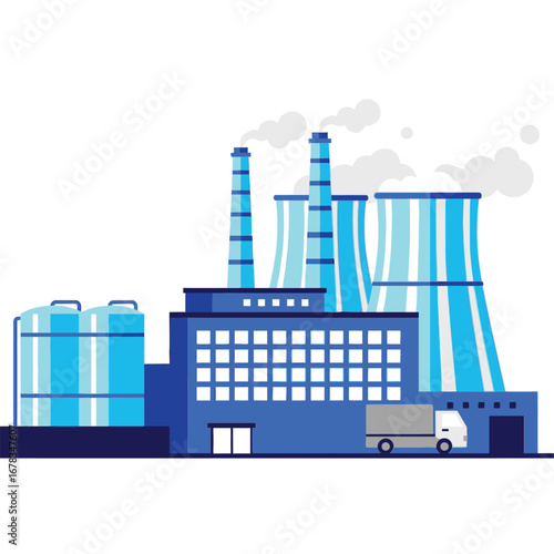 Vector illustration of a modern industrial factory plant with smokestacks, cooling towers, and a cargo truck