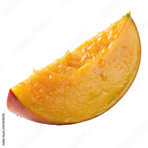 Juicy fresh mango slice with natural fibrous textu, perfect for food photography, healthy nutrition design, grocery branding, or recipe illustration, isolated on white background. PNG
