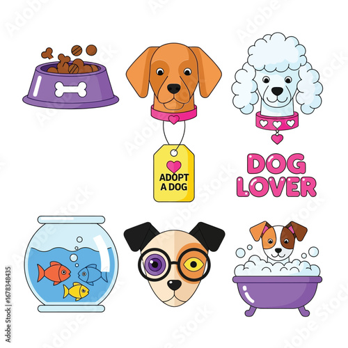 Set of colorful vector illustrations for a pet shop or animal shelter, featuring various dog breeds, pet supplies, and an adopt a dog message